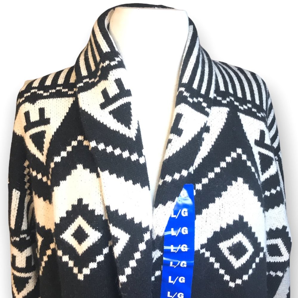 RACHEL ROY BLACK WHITE WOOL Belted CARDIGAN Sweater - Picture 4 of 6